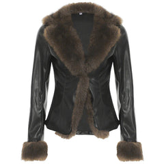 Autumn New Clothes Women's Leather Coat Long Sleeve Spliced Faux Trim Button Slim Fit Chic Coat