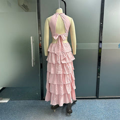 Women Maxi Dress Summer Elegant Solid Ruffled Sleeveless Round Neck Hollow Out Backless Lace Up Slim Nipped Waist Dress