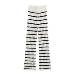 Summer Women's V-Neck Crochet Striped Top + High Waist Knitted Pants Set