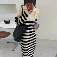 Korean Chic Big Lapel Zipper Stripe Mid Length Knit Dress Autumn Winter Pullover Long Sleeve Loose Warm Women Dress New