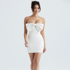 Sexy Satin Strapless White Bodycon Dress Mini Diamonds Bow Wedding Guest Night Party Dresses Summer Women Dress
