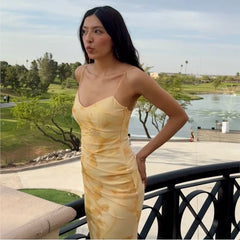Flower Print Yellow Fashion Long Dress 2025 New Sleeveless V-neck Tulle Slim Sexy Party Dress Vacation Beach Woman Clothing