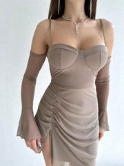 Women Sexy Spaghetti Strap Short Mini Dress Casual Solid Color Low Neck with Sleeve Bodycon Dress Club Party Y2KStreetwear