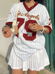 Los Angeles No. 79 Jersey V-neck Loose Streetwear 3D Printed Vertical Stripe Fashion Short Sleeved Women's Summer Sports Tee