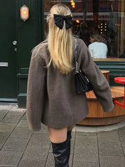 Chic Solid Lapel Long Sleeve Women's Woolen Coats Casual Oversized Pocket Single Breasted Jacket Female Vintage Outerwear