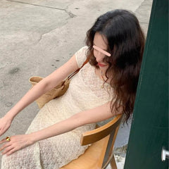 Lace Embroidery Chic Long Dress With Slip Dress Beige Slim Fashion Summer Dress Short Sleeve Vacation Women Dress 2025 New