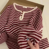 Pbong Fresh Autumn New Loose round Neck Long Sleeve Knitted Sweater Women's Lazy Style Stripe Base Layer Sweater Versatile Top Women