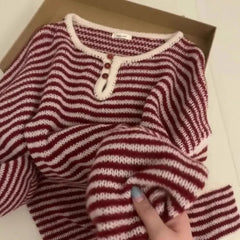 Pbong Fresh Autumn New Loose round Neck Long Sleeve Knitted Sweater Women's Lazy Style Stripe Base Layer Sweater Versatile Top Women