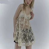 Japanese Y2k Lace Dress Grunge Aesthetics Hollow Out Short Dresses Fairycore Vintage See Though Evening Dresses Lolita