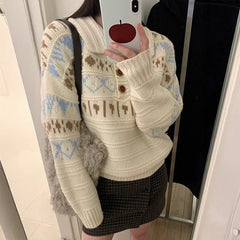 Woman Fair Isle Sweater Polo Collar Button Front Cozy Knit Pullvers Jumper Female Autumn Winter Preppy Vintage Outfit