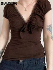 Casual Lace Trim Bandage T Shirt Slim Basic Deep V-Neck Short Sleeve Tees Women 2024 Summer Fashion Streetwear Ladies