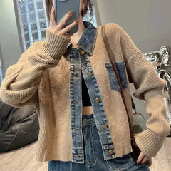 Korean style design, niche, loose sweater, women's autumn new denim patchwork knitted top jacket