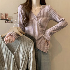 Early Autumn Cross V Neck Long Sleeve Pullovers High Street French Temperament Base Punk Striped Sweaters Y2k Harajuku Jumpers