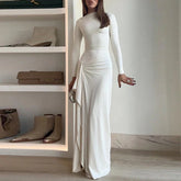 Elegant O-neck Draped Irregular Long Dress Women Causal Long Sleeve Solid Party Dress Fashion Hight Waist Slim Evening Dresses