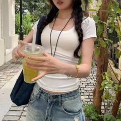 Solid Color Soft Basic Top for Women Summer Skinny Sexy T-shirt U Collar Shirt Short Sleeve Top for Hot Girl