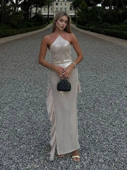 Elegant Sequin Ruffle Evening Dresses Women Retro Glitter Sleeveless Slim Halter Long Dress Lady Chic Street Party Holiday