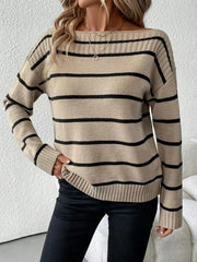Autumn and winter fashion elegant off shoulder striped long sleeved women's knitted sweater