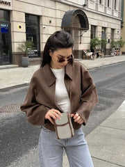 Vintage Brown Short Woolen Women's Parkas Elegant Lapel Long Sleeve Zipper Cropped Coats Fashion Autumn Lady High Street Jackets