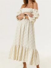 Pbong Woman Vintage Floral Dress Puff Long Sleeve Off Shoulder Ruffle Long Dress Spring Fall Casual Vintage Bohemian Dresses
