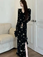 Women Black Print Long Sleeve Chic Ruffled V-Neck Maxi Dress Korean Vintage Party Dress Autumn Winter Elegant Evening Dress New