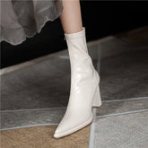 Women's Boots High Heels Half Footwear White Pointed Toe Elastic Shoes for Woman Mid Calf Elegant Heeled New Spring Pu Y2k
