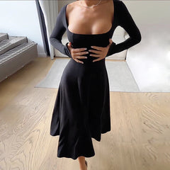 Elegant Black Square Neck Sexy Side Slit Dress