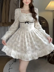 Women Fashion Elegant Print Short Dress Long Sleeve Vintage A-Line Party Birthday Clothes Female Vestidos New