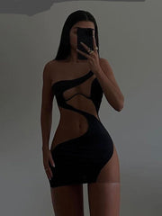 Kliou Patchwork Mini Dress Women Sexy Mesh One Shoulder High Waist Robe Girl Hot Bodycon Party Clubwear Female Midnight Skirt