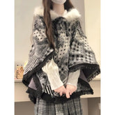 Pbong Black And White Plaid Oversized Fur Shawl Coat Women's Spring Autumn Thick Outerwear with Tassel Loose Coat for Ladies