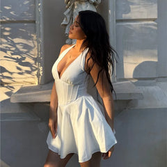 Halter Neck Patchwork White Women Dress V-neck A-line Pleat Party Summer Dress New Y2K Sweet Backless Beach Female Clothes