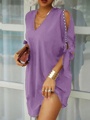 Women Elegant V Neck Party Dress Summer Sexy Hollow Out Sleeved Loose Dresses Casual Solid Office Ladies Mini Dress Size S-5XL