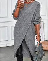 Long Knitted Sweater Women Gray Pullovers Autumn Winter Khaki Warm Fur Jumpers Maxi Y2k E-girl Jumper Work Sueter Mujer