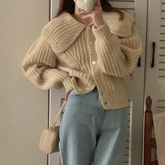 Oversized Collar Knit Cardigan for Women Chunky Knit Button Down Sweater Jacket Cozy Knitwear Teen-girl Fall Winter Outfit