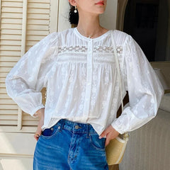 Elegant Pretty Blouses Shirts Women Tops Floral Whole Piece Embroidery Long Sleeve O Neck Boho 100% Cotton Blouse Shirt Autumn