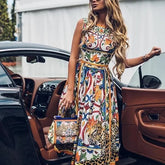 Pbong Retro Fashionable Floral Print Women's Dress Knee-Length Sleeveless round Neck Empire Waist Elegant Gown for Ladies