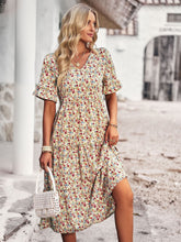 M Fashion V Neck Elegant Printed Dress Women Summer Short Sleeve High Waist A Line Floral Holiday Dresses