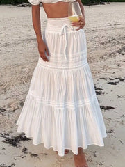Women's High Waisted White Lace Patchwork Maxi Bubble Skirt Boho Style Suitable For Music Festivals Concerts Coachella Parties
