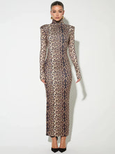 Leopard Print Long Sleeve Sexy Maxi Dress For Women Autumn Winter Fashion Elegant Turtleneck Printed Bodycon Long Dress