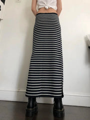 Y2K Black White Stripe Long Skirts Women Split Elastic Waist Basic Elegant Knitted Skirt