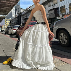 Y2k White Tiered Maxi Skirt Elastic Waist Ruffle Flowy Long Skirt Women Boho Summer Vacation Fairycore Outfit Streetwear
