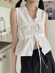 Korean Simple V-neck Lace Up Slim Fit T-shirts Summer Ruched Fungus White Tees Tops Y2k E-Girl Sleeveless Vest Blouse Shirts