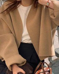Korean V-neck Woolen Short Coat Women Autumn Winter Loose Long Sleeve Open Stitch Female Coats Solid Simple Fashion Lady Jacket