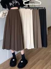 Long Pleated Skirt Women Vintage Korean Fashion Solid High Waist A-line Midi Skirt School Girl Elegant Casual Autumn