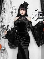 Halloween Long-sleeved Witch Dress for Women Fashion Elegant Evening Party Dresses Sexy Slim Fit Lace Splicing