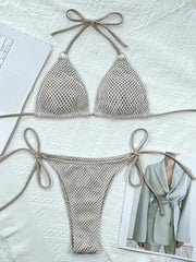 Halter String Triangle Bikini Solid Mesh Swimsuit Women Sexy Swimwear Female Bathers Bathing Swimming Swim Suit Beachwear