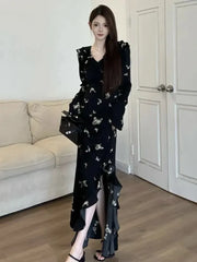 Women Black Print Long Sleeve Chic Ruffled V-Neck Maxi Dress Korean Vintage Party Dress Autumn Winter Elegant Evening Dress New