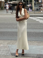 Folds Long Skirt Two Pieces Set Women's Notched Sleeveless Short Vest Top High Waist Solid Maxi Skirt Fashion Sets