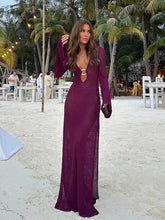 Summer Lady Sexy Deep V-neck Hollow Out Knitted Long Dresses Fashion Loose Full Sleeve Cover-ups Women Beach Party Dresses