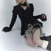 Vintage High Street V Neck Flare Sleeve Women Clothing Harajuku Japan Gothic Ruffle Lace Design Shirts Solid Sexy Y2k Blouse