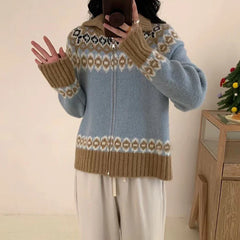 Zip Up Fair Isle Sweater Cardigan Thick Warm Knit Zipper Front Sweater Jacket Cozy Knitwear Teen-girl Fall Winter Vintage Outfit